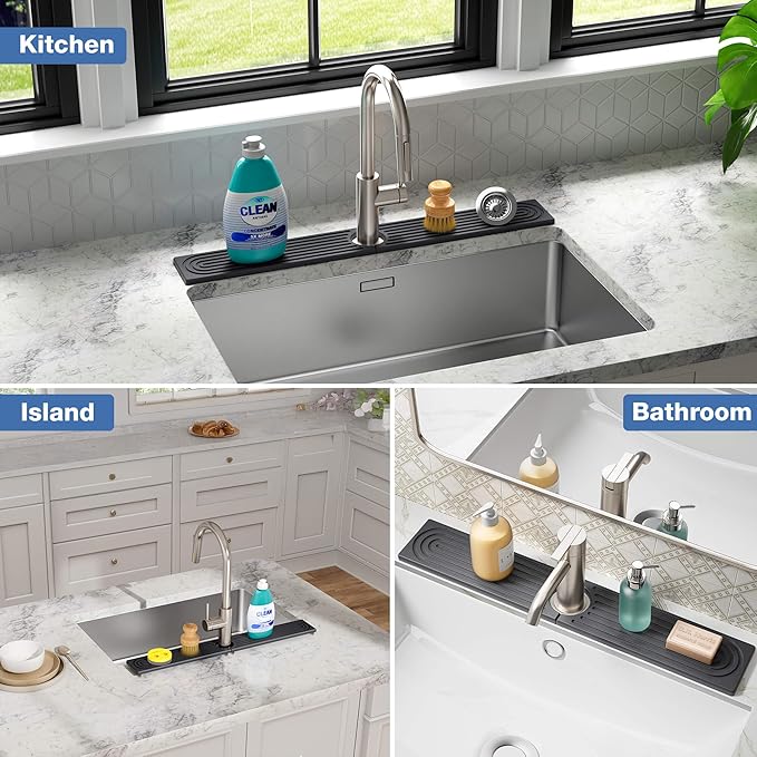 DK177 Faucet Mat for Kitchen Sink - Water Absorbing Stone Tray for Sink, Diatomite Fast-Drying Faucet Mat, Faucet Splash Guard for Bathroom Counter (Dark Gray, 15.8" x 4")