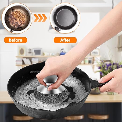 16 Pack Steel Wool Scrubber with 8 PCS Replacement Wire Pads Set, Replaceable Steel Pot Scrubber, Non Scratch Dish Sturdy, for Cleaning Pots, Pans, Grills, Sink