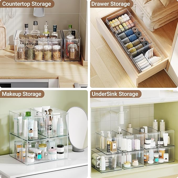 Clear Plastic Storage Bins with Dividers for Kitchen Pantry Organization, 6 Pack Large Thicken Stackable Storage Container Boxes for Refrigerator Cabinets Vanity Organizers and Storage, C6-4