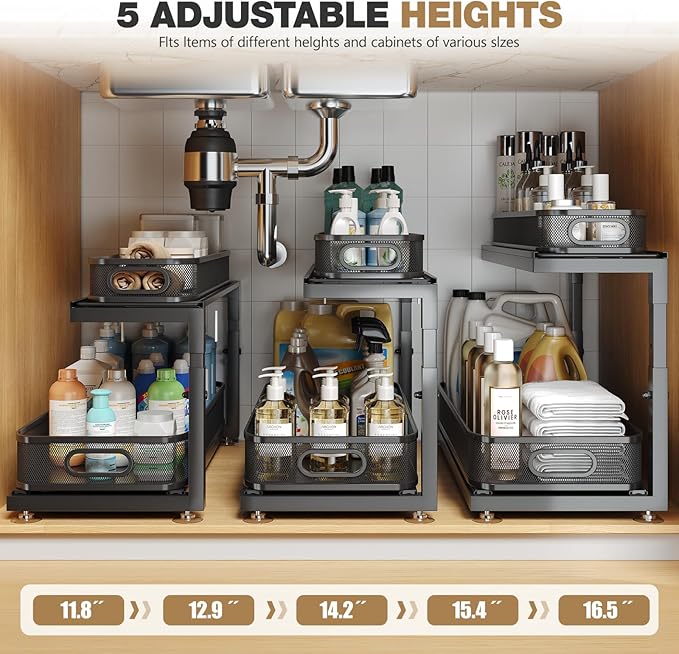 Biboraya 2-Pack 21.3 IN Depth Under Sink Organizer With Next-Gen Ball-Bearing Slides,Sophisticated Mesh 2-Tier Pull Out Shelf for Kitchen & Bathroom,Fits Small Items-Black