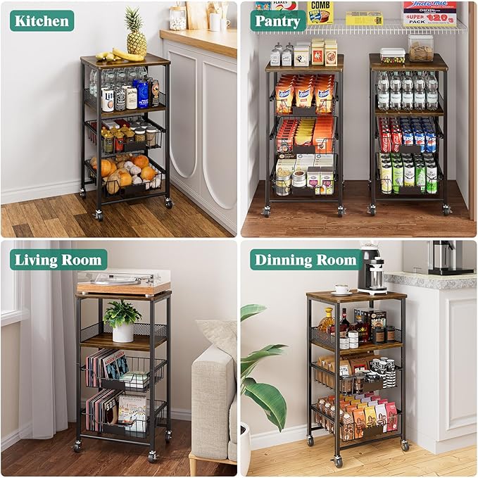 Giwil Vegetable Fruit Basket for Kitchen Pantry Organizers Storage, 4-Tier Utility Rolling Cart on Wheels with Wood Rack and Drawer Wire Baskets for Onions Potatoes Snacks, Black