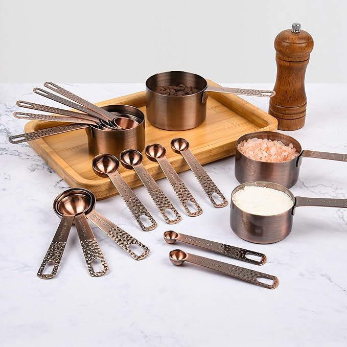 SUNMVEHOT Copper Measuring Cups and Spoons Set 20 for Kitchen & Baking, Metric & US Stainless Steel Measuring Cups and Spoons with Leveler for Dry & Liquid, 8 Copper Plated Measure Cup & 9 Spoon