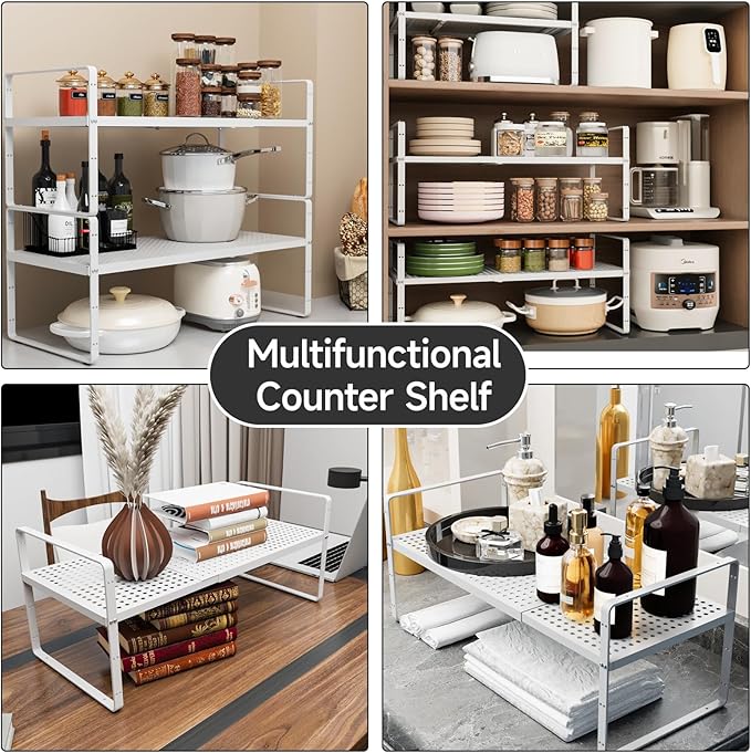 jkxoo Expandable Cabinet Shelf Organizers, Stackable Metal Shelves Extender for Kitchen Countertop Storage, Adjustable Spices Shelves Rack Stand for Cupboard Pantry, White