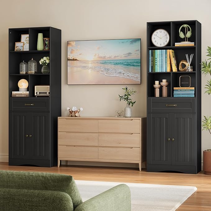 Gizoon 71'' Tall Storage Cabinet, Bathroom Storage Cabinet, Kitchen Pantry with Doors & Drawers, Adjustable Shelves, Anti-tip, Metal Handle, for Bathroom, Living Room, Office, Kitchen, with Black