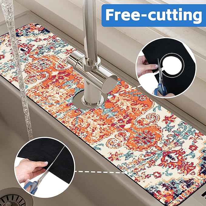 Oriental Turkish Carpet Pattern Red Dish Drying Mat for Kitchen Sink Splash Guard Behind Faucet Sink Mat Absorbent Fast Drying Faucet Draining Mat for Bathroom Kitchen 5.5"×24"