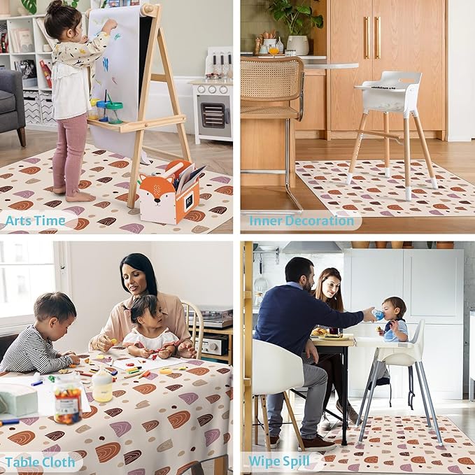 Blissful Diary Baby Splat Mat for Under High Chair, 50.4 x 50.4 Inch Wipeable Splash Mat, Waterproof and Washable, Anti-Slip Floor Protector, Boho Rainbow