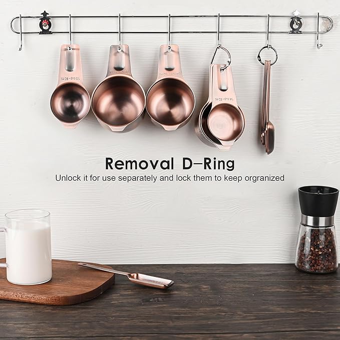 zoyizi Copper Measuring Cups and Spoons Set 17, 7 Stainless Steel Measuring Cups&9 Long Hanlde Narrow Measuring Spoons for Spice Jar&Leveler, Kitchen Metric&US Measure Cup Spoons for Dry and Liquid