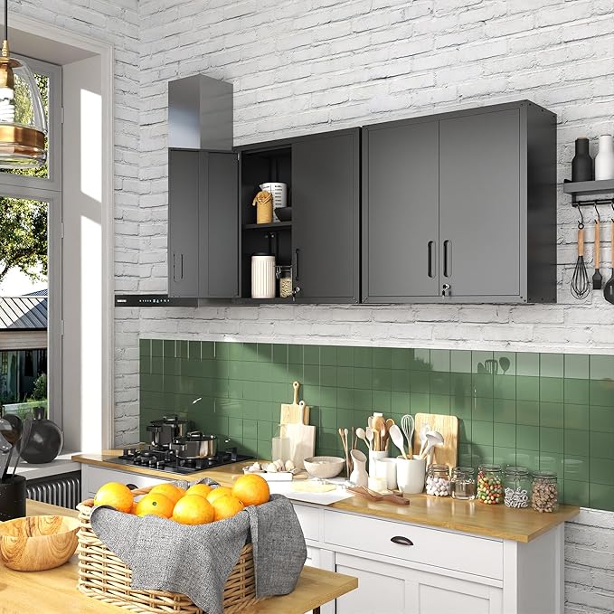 BIZOEIRON Garage Wall Cabinet with Doors and Shelves, Metal Wall Mounted Storage Cabinet with Lock, Hanging Tool Cabinet for Garage Utility Room, Black