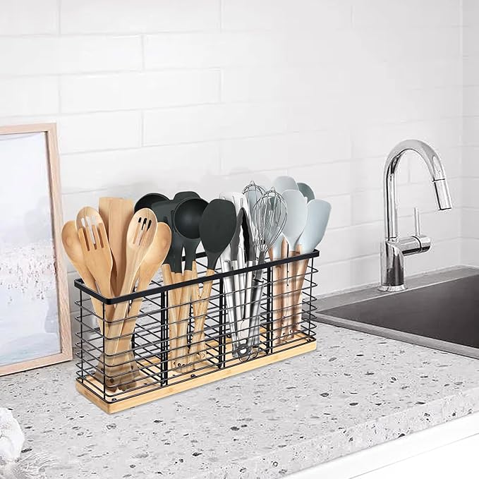 Suli Extra Large Kitchen Utensil Holder with 4 Compartments,Matte Black Metal holder with Wooden Base for Kitchen Countertop,Farmhouse Cooking Utensil Storage, Rustic Cooking Utensil