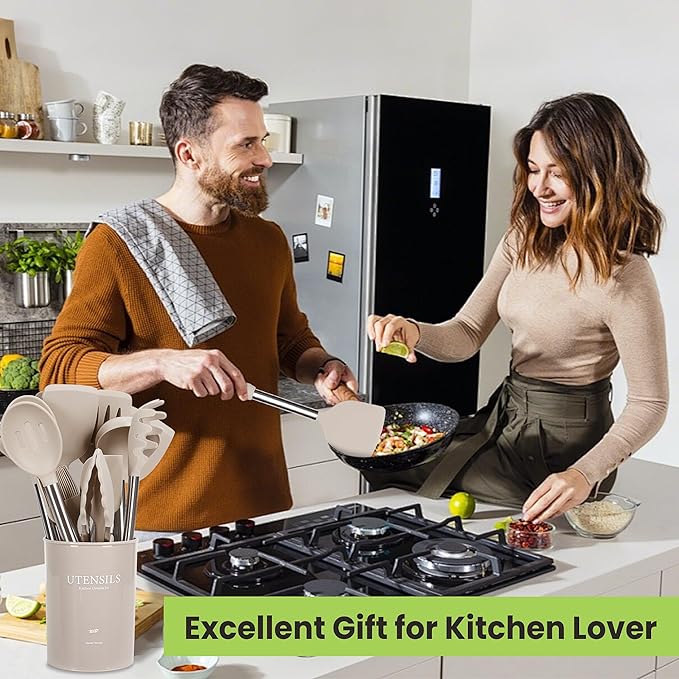 Large Cooking Utensils Set, 35 Pcs Silicone Kitchen Utensils Set with Holder, Stainless Steel Handle Spatula Set, Heat Resistant Food Grade Silicone Kitchen Gadgets for Non-stick Cookware (Khaki)