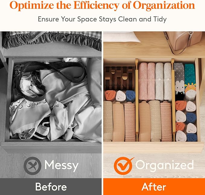 Lifewit 8 Pack 4" High Bamboo Drawer Dividers, 17-21.5" Adjustable Drawer Organizers for Clothes, Wood Dresser Drawer Divider, Expandable Deep Drawer Separators for Dresser, Kitchen, Bedroom, Bathroom