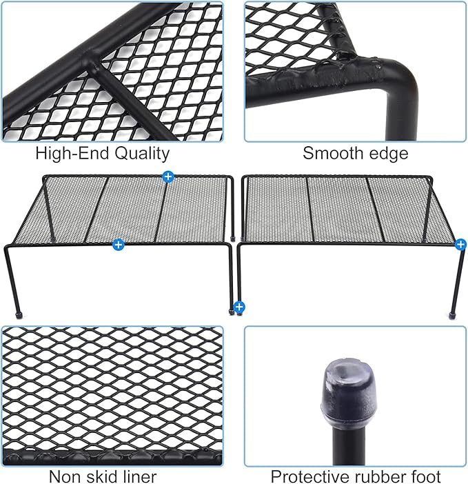 Set of 2 Mesh Kitchen Shelves Cabinet Storage Shelf Rack (13.1 x 10.2 Inch) ,Kitchen Bathroom Pantry Cupboard Desk Home Office, Fridge, Cabinet, Bathroom Cupboard, Non-slip Plastic Feet (2, Black)