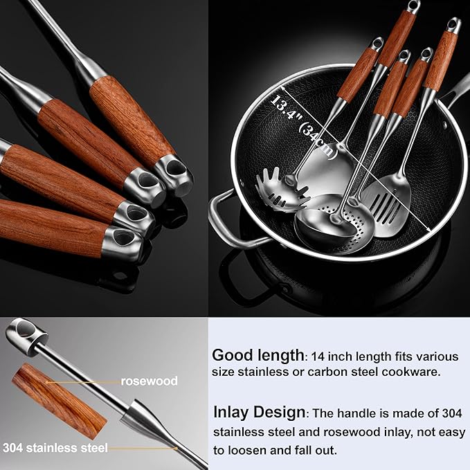 NIITAWH Kitchen Utensils Set Stainless Steel with Wooden Handle,Metal Cooking Utensils Set 12 PCS,Spatulas,Ladle,Skimmer,Tunners,Spaghetti Spoon,Fork,Potato Masher,Egg Whisk,Tongs