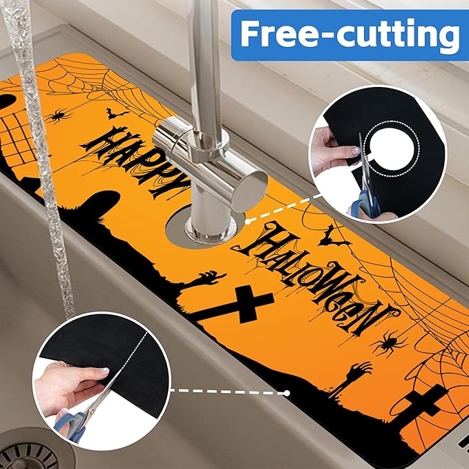 Halloween Bats Spider Webs Dish Drying Mat for Kitchen Sink Splash Guard Behind Faucet Sink Mat Absorbent Fast Drying Faucet Draining Mat for Bathroom Kitchen 5.5"×24"