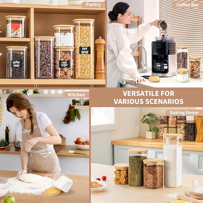 24 Oz Glass Storage Jars with Bamboo Lids - 6 Pack Clear Glass Canisters Square Airtight Stackable Ideal for Pantry Storage Containers Organizers Great for Storing Oats Coffee Beans Nuts etc