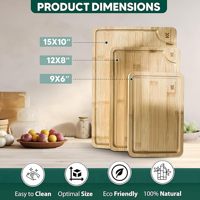 Kiaansh-Kiavi Wood Cutting Boards for Kitchen-Bamboo Cutting Board Set of 3, with Juice Grooves, Thick Chopping Board handles., Large, Natural