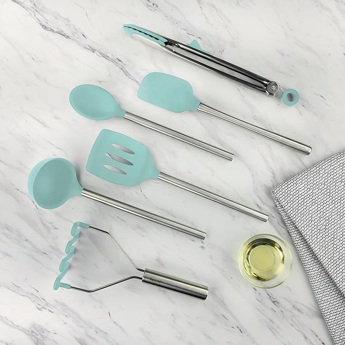 Tovolo Silicone Cooking Utensil Set of 6 Aqua Seafoam Green Ladle Slotted Turner Tongs Flex Core Spatula Scraper Mixing Spoon and Potato Masher, Dishwasher Safe Non Toxic BPA Free Kitchen Utensils