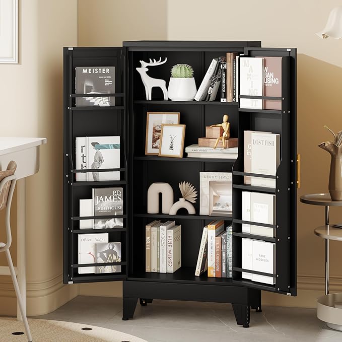 PAOFIN 47" Kitchen Pantry Cabinet, Metal Storage Cabinet with 3 Adjustable Layer Shelves, 8 Door Shelves, Buffet Sideboard for Living Room, Kitchen, Black