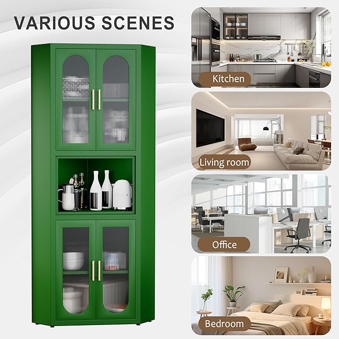 64" Tall Metal Corner Storage Cabinet with Acrylic Glass Doors & Open Display Storage Shelves, Farmhouse Corner Pantry Storage Cupboard for Kitchen, Laundry Room, Bathroom or Bedroom (Green)