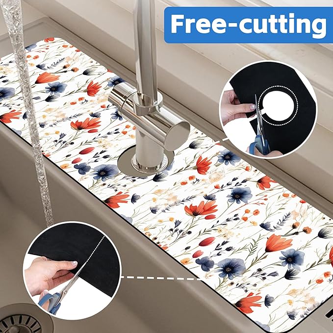 Watercolor Red and Blue Flowers Sink Faucet Absorbing Mat Sink Splash Guard Faucet Mat Draining Mat Fast Drying Sink Protectors for Kitchen and Bathroom 5.5"×24"