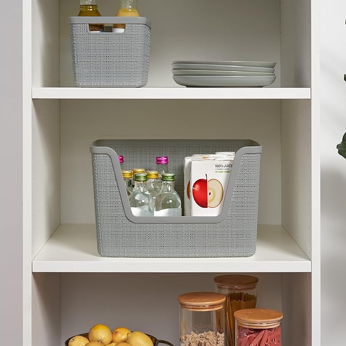Curver Set of 4 Large 18L Easy Access Jute Decorative Plastic Organization and Storage Baskets - Perfect Bins for Home Office, Closet Shelves, Kitchen Pantry and All Bedroom Essentials, Grey