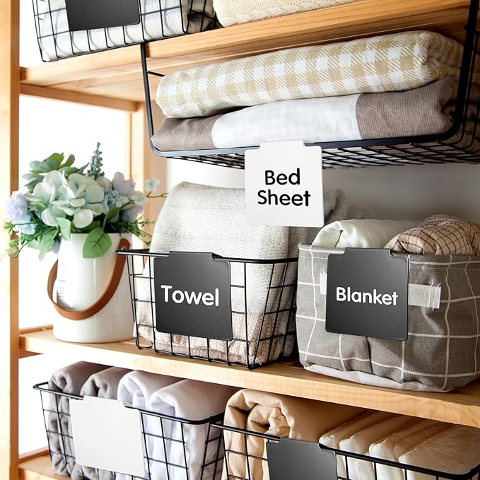 100 Pcs Basket Labels Clip Set for Storage Bins Include Removable PVC Bin Label Holders with Chalk Markers for Kitchen Pantry Organization Labeling Box Shelf 48+2 96+4 (Black White)