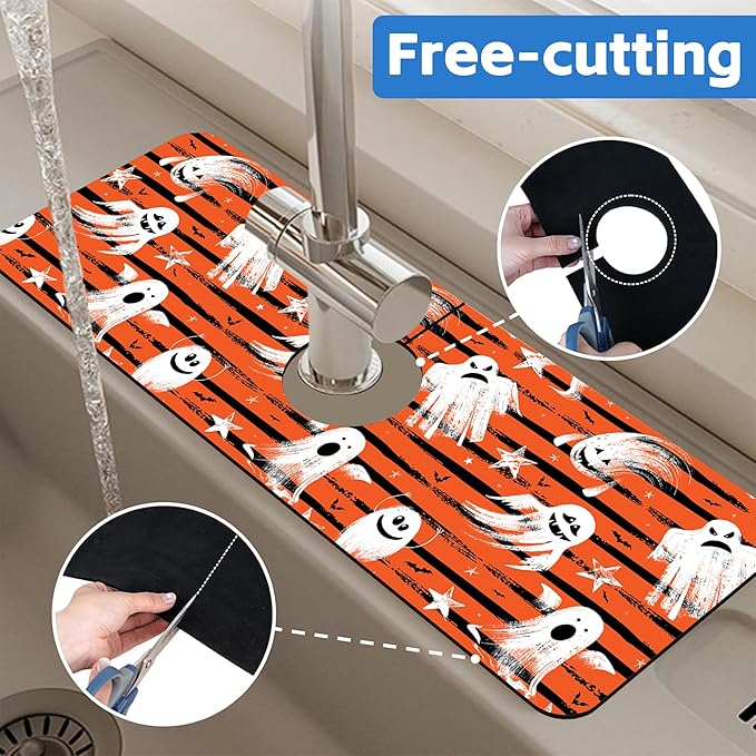 Halloween Ghost Bat Dish Drying Mat for Kitchen Sink Splash Guard Behind Faucet Sink Mat Absorbent Fast Drying Faucet Draining Mat for Bathroom Kitchen 5.5"×15"