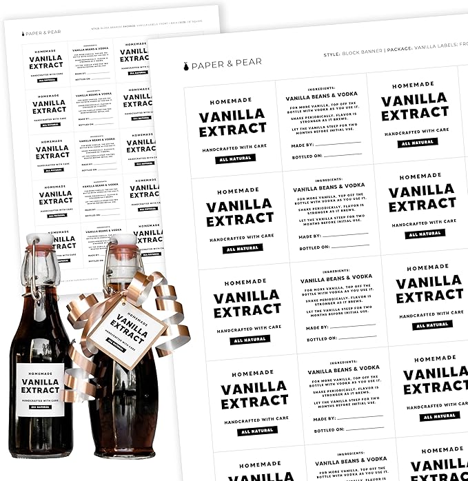 Block-Banner Vanilla Labels - 40 Waterproof Labels for Jars, 1.8" x 1.8", White by Paper & Pear