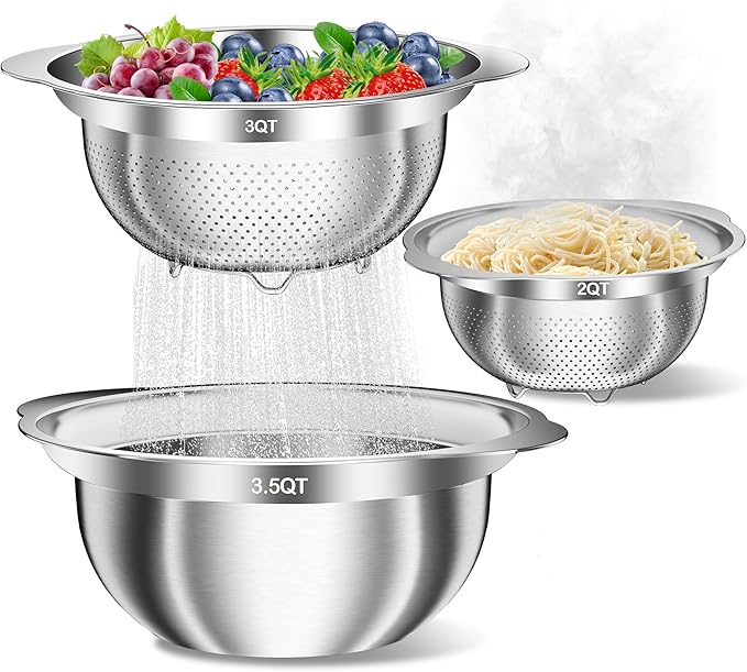 Stainless Steel Colanders with Mixing Bowl - 3.0QT & 2.0QT Strainer and Colander with Handle, 3.5QT Nesting Kitchen Bowl with Colander For Pasta, Vegetables, Fruit, Rice