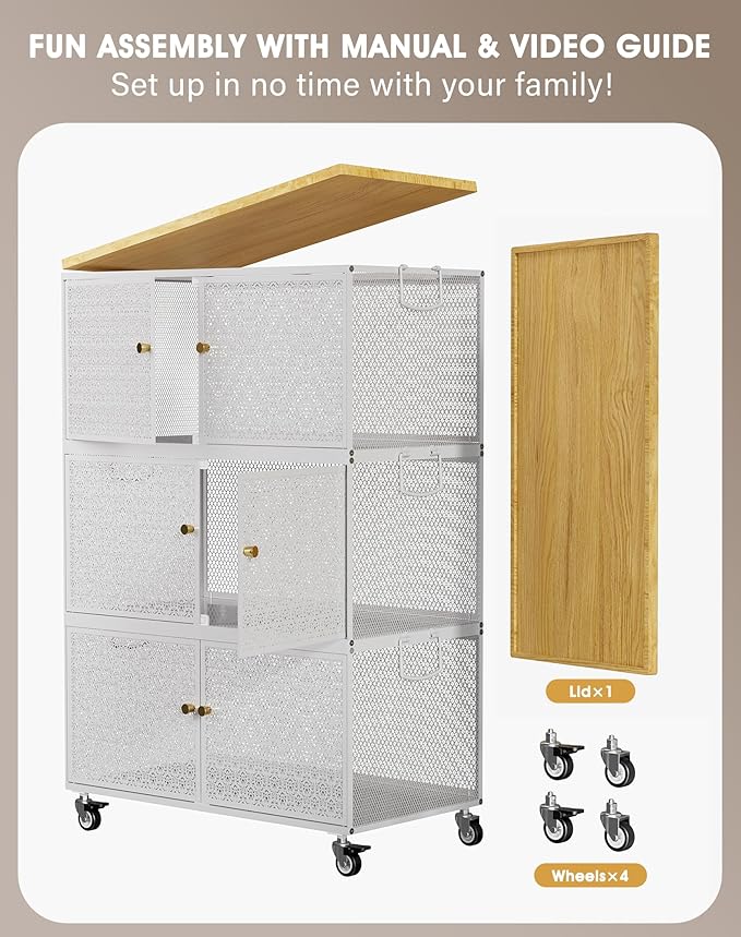 3 Tier Metal Storage Cabinet with wheels, Storage Bins with Magnetic Doors, Storage Cart for Living Room, Bedroom, Bathroom, Laundry, Kitchen