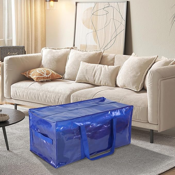 6 Pack Heavy Duty Extra Large Moving Bags with Handles, Waterproof Foldable Storage Totes, Clothing Storage Bags, Packing Moving Boxes for College Supplies & Seasonal Storage, Blue