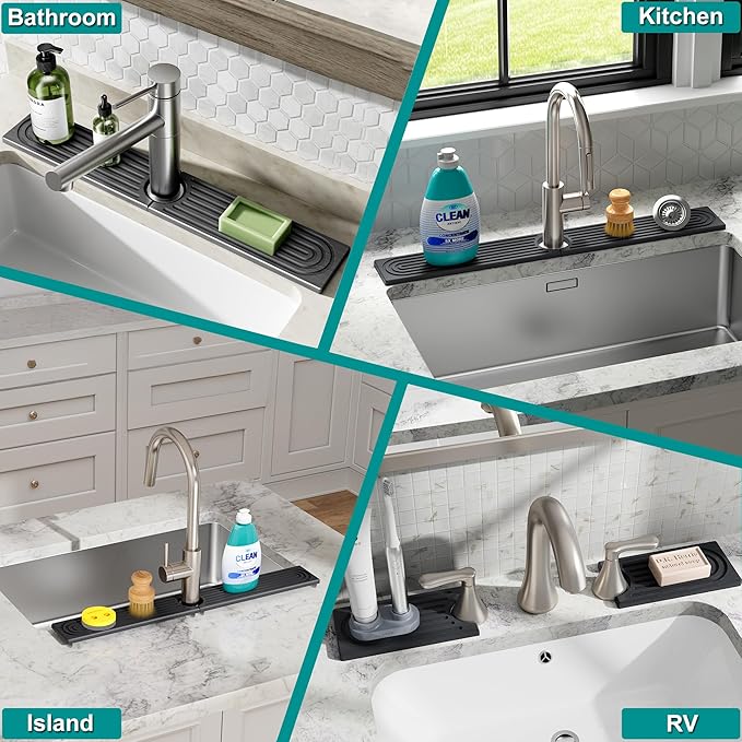 Stone Faucet Mat for Kitchen Sink - Quick Dry Diatomite Sink Splash Guard, Prevents Moisture Buildup & Water Stains, Water Absorbing Stone Tray for Bathroom Countertop (Dark Gray, 20" x 4")