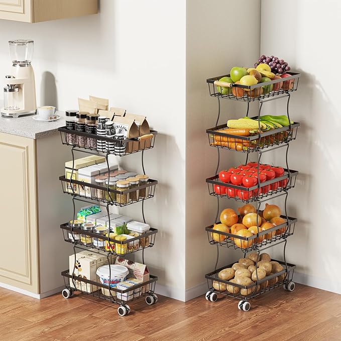 5 Tier Slim Fruit Basket for Kitchen, Stackable Wire Fruit Vegetable Storage Baskets Organizer Stand on Wheels, Metal Produce Basket Potato Onion Storage Bins Rack for Pantry, Black