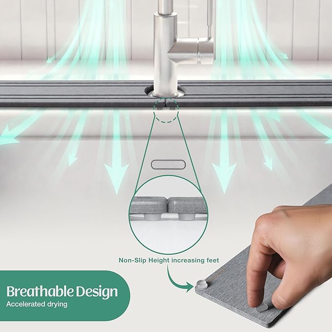 Stone Faucet Mat for Kitchen Sink Splash Guard 23.6" x 3.9" with 2.5" Center Hole | Light Grey Diatomite Drying Stone Mat | Non-Slip Stone Tray for Kitchen Counter with Premium Texture