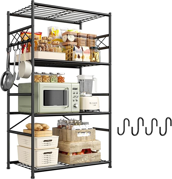 Storage Shelves 4 Tier Shelf Organizer,Metaling Shelving with Hooks,Heavy Duty Garage Shelves Unit with Leveling Feet,Wire Shelving for Pantry,Kitchen and Closet,23.6" W x 13.8" D x 60.4" H