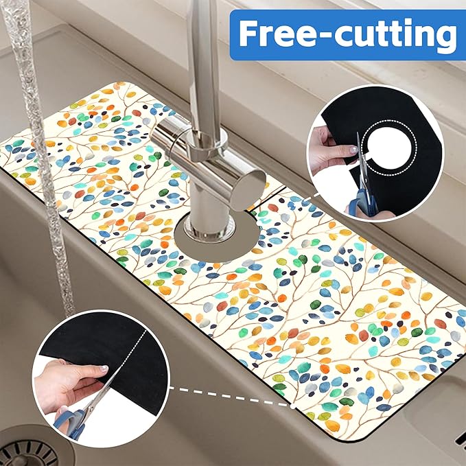 Abstract Watercolor Leaves Sink Faucet Absorbing Mat Sink Splash Guard Faucet Mat Draining Mat Fast Drying Sink Protectors for Kitchen and Bathroom 5.5"×15"