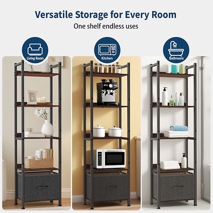 Whitmor 5-Tier Bookshelf with Drawer, Modern Display Bookcase with Wood Shelves & Metal Frame, Narrow Standing Storage Organizer for Living Room, Bedroom, Home Office, Black