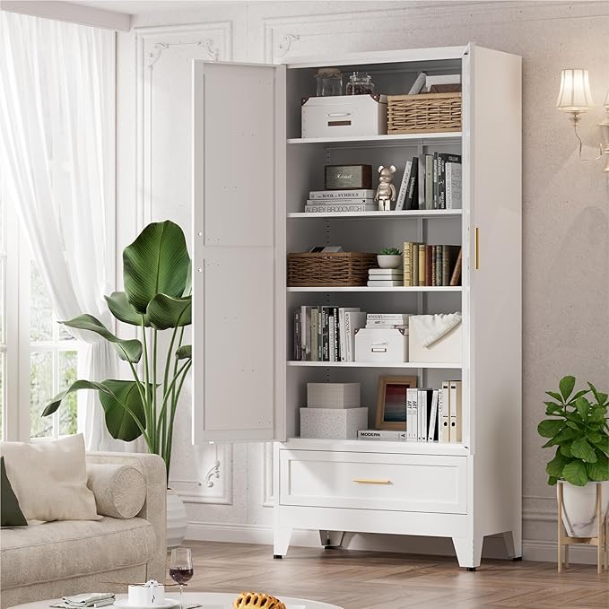 LCAOPC 71" Tall Metal Pantry Storage Cabinet with Drawer and Adjustable Shelves, Freestanding Kitchen Cupboard Storage Cabinet for Kitchen,Dining Room, Living Room, White