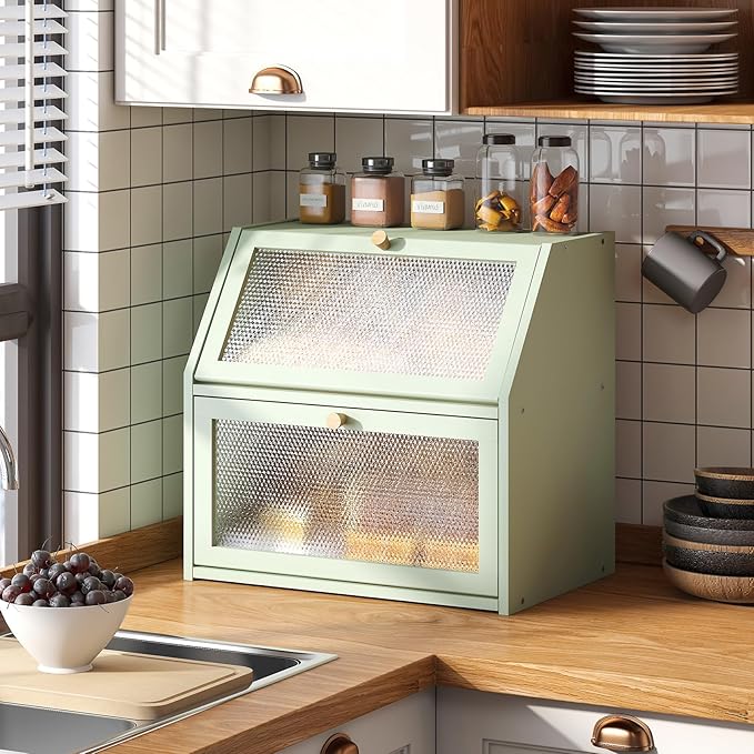 STDDRE Bread Box for Kitchen Countertop Bin Double Layer Bread Box Storage Container Extra Large Capacity Farmhouse with Diamond Pattern Windows (Green, Extra Large)