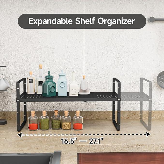 16.5-27’’L Expandable Cabinet Countertop Shelf Organizer, Stackable Metal Shelves, Kitchen Organizers and Storage, Black Storage Spice Rack for Pantry and Cupboard