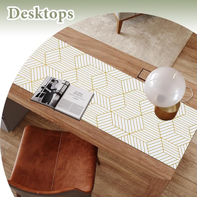 Shelf Liners for Kitchen Cabinets 35.4 in X 39.5 Ft, Non Adhesive Cabinet Liner Strong Non-Slip Thickened Gold Geometric Drawer Liner, Easy to Clean for Shelf, Cabinet with Knife and Tape Measure