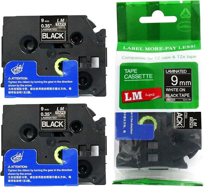 2/Pack LM Tapes - LMe325 Premium 3/8" White Print on Black Label Compatible with P-Touch TZe325 Tape and Includes Tape Color/Size Guide. Replaces Ptouch TZ325 9mm 0.35 Laminated.