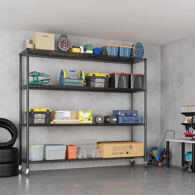 Karl home 4-Tier Metal Storage Shelves, Adjustable Wire Shelving Unit with Wheels & Leveling Feet, Heavy Duty Garage Shelving, Pantry & Kitchen Display Shelf Organizer, Home Storage Rack