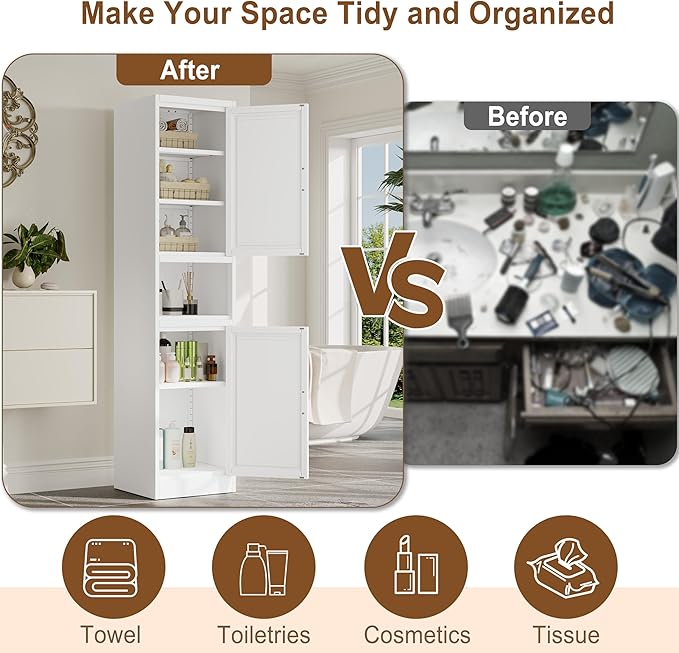 67" Tall Narrow Storage Cabinet Metal Bathroom Cabinet with 2 Doors & 4 Adjustable Shelves, Standing Pantry Cabinets Cupboard for Kitchen, Dining Room, Living Room and Bathroom (White)