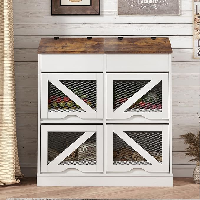 Potato Storage Bin Bread Box with Lid,Rustic Onion&Fruit Organizer with Wood Hidden Door,Farmhouse Grocery Section Decorative,Vegetable Organization Cabinet W/Mesh Door for Kitchen Dining Room(White)