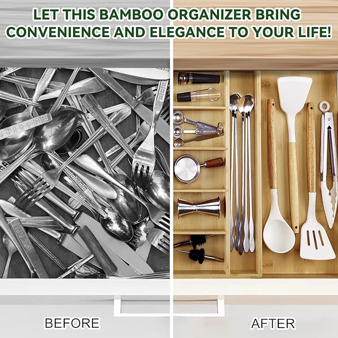 MH MYLUNE HOME Large Bamboo Expandable Drawer Organizer, Silverware Organizer for Drawers, 16 to 30 Inches Wide, 7-13 Slots, Kitchen Drawer Organizers for Utensils, Bamboo Wood Cutlery Organizers