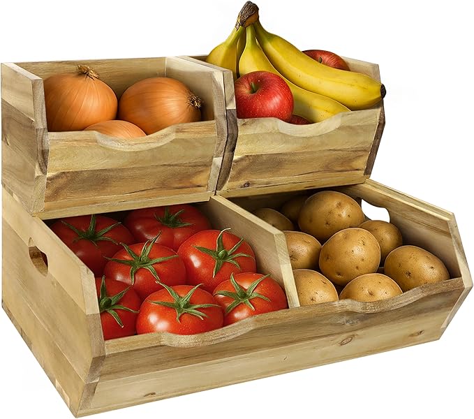 HOMESTEAD Wood Pantry Organizers Bins – Stackable Storage, Rustic Pantry Potato and Onion Storage with Unique Natural Grain, Wooden Basket with Handles, Set of 3 Pieces