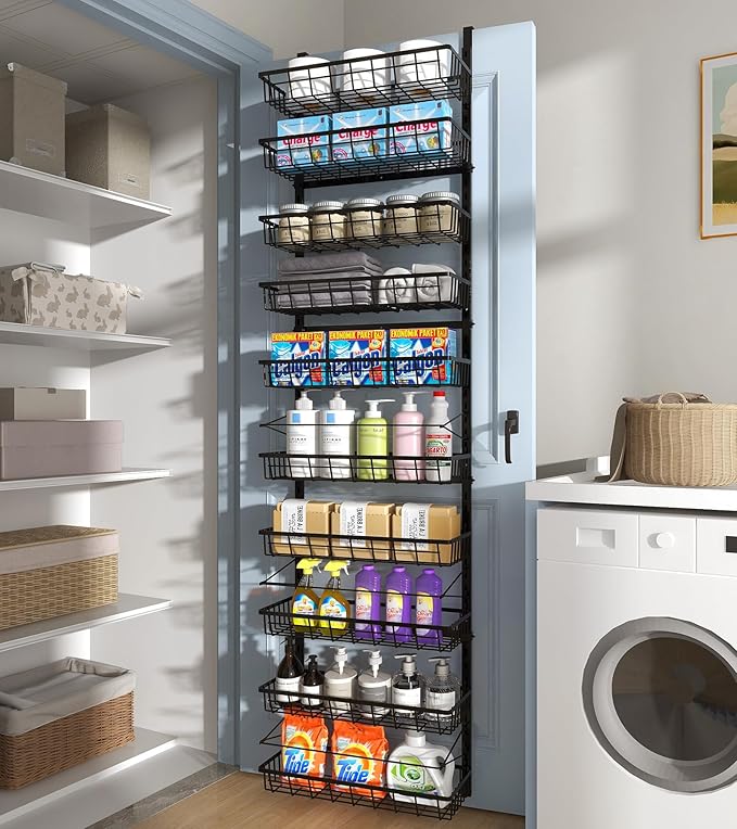10-Tier Over The Door Pantry Organizer, Pantry Organization and Storage, Black Metal Hanging Adjustable Basket, Wall Spice Rack Seasoning Shelves, Home & Kitchen Essentials
