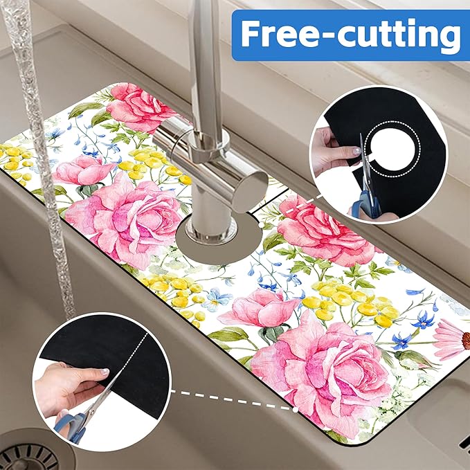 Watercolor Light Pink Floral Dish Drying Mat for Kitchen Sink Splash Guard Behind Faucet Sink Mat Absorbent Fast Drying Faucet Draining Mat for Bathroom Kitchen 5.5"×15"