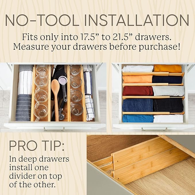 Night Tree Expandable Bamboo Drawer Dividers – Spring-Loaded Wooden Organizers for Clothes, Kitchen Utensils, Bathroom, and Dresser Drawers (18" to 20")
